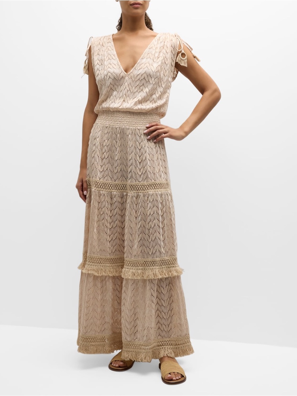 Ramy Brook Dorothy fringe trim maxi dress sand chevron size S